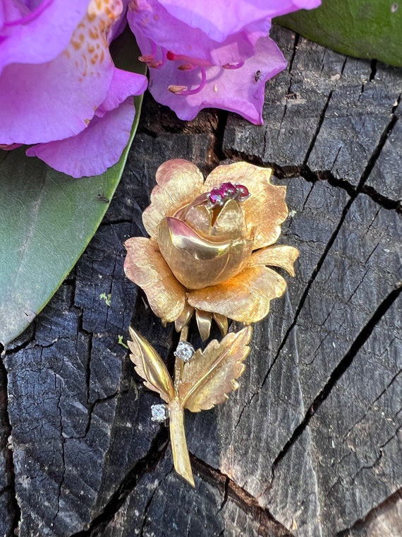 Gold Rose Brooch, Rose Pin, Ruby Rose Pin, Diamon… - image 2