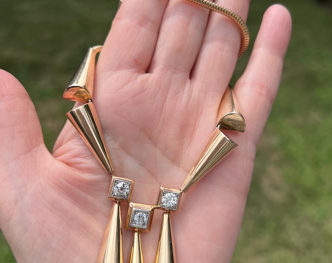 Vintage 14k Gold Snake Choker Necklace: Old European Cut Diamond, 1940s