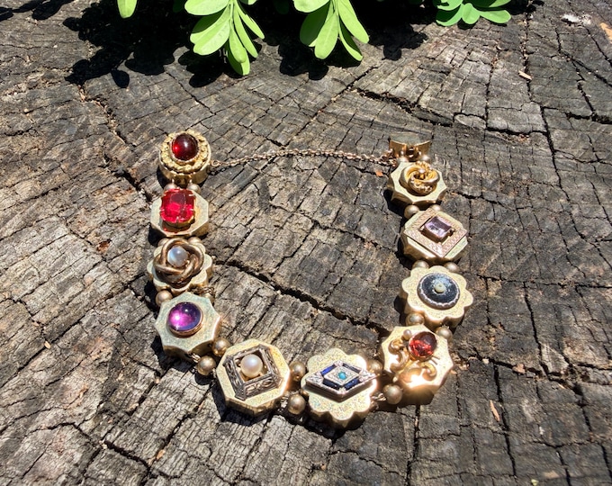 1940s 14k Yellow Gold Multi Stone Slide Bracelet, Garnet Opal Pearl Sapphire