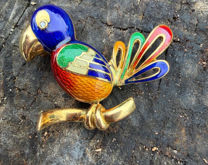 Vintage 18k Gold Enamel Parrot Brooch, Colorful Bird Jewelry