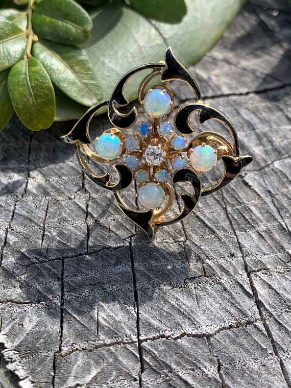 Gold Opal Pendant, Opal and Diamond Pendant, Opal Pendant, Opal Brooch, Enamel and Opal, October Birthstone