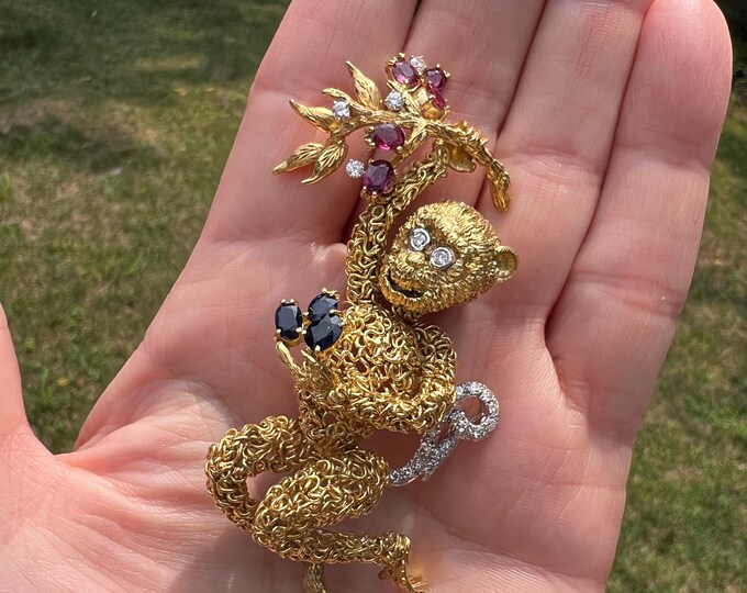 Large Monkey Brooch, Multi Gem Monkey Pin, 18k Monkey Pin