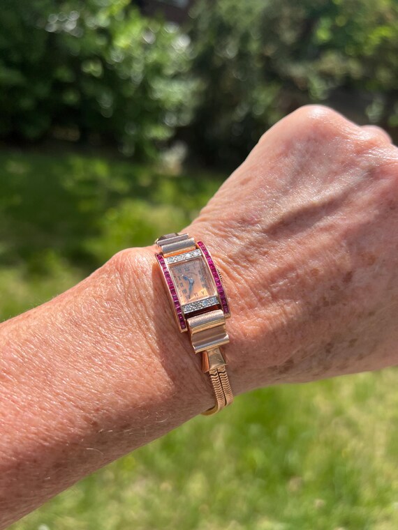 14k Rose Gold Retro Ruby Diamond Watch - Paul Dit… - image 4