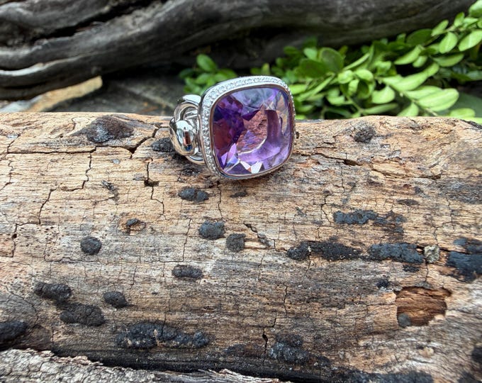 Vintage 18k White Gold Cushion Cut Amethyst and Diamond Statement Ring