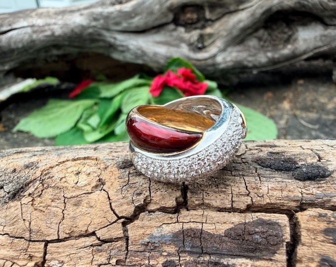 18k Yellow Gold Diamond and Enamel Cigar Band Ring, Wide Chunky Statement Ring