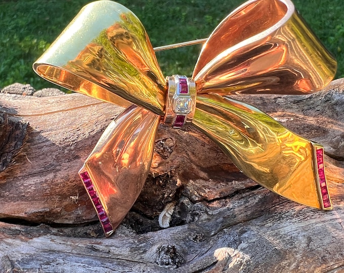Gold Bow Brooch, Retro Gold Bow, Ruby Bow Brooch, Diamond Bow Pin, Bow Brooch