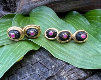 Gold and Onyx Cufflinks, Onyx Stud Set, Carved Onyx Cufflinks