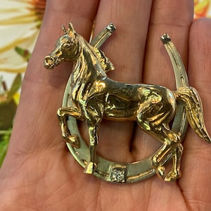 Diamond Horse Pin, Gold Horse Brooch, Equestrian Pin, Horse Jewelry, Horseshoe Brooch