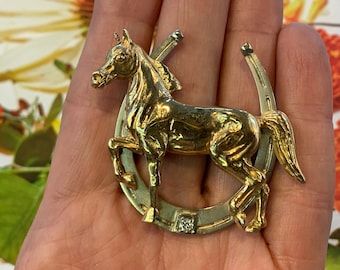Diamond Horse Pin, Gold Horse Brooch, Equestrian Pin, Horse