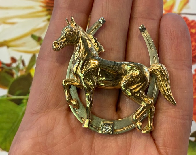 Diamond Horse Pin, Gold Horse Brooch, Equestrian Pin, Horse Jewelry, Horseshoe Brooch