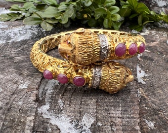 Gold Chimera Bangle, Chimera Bangle, Double Lion Bangle, Lion Head Bangle