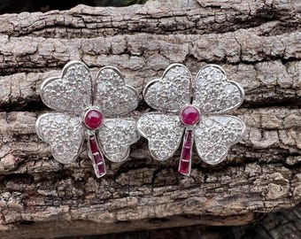 Flower Earrings, Diamond Flower Earrings, Ruby Flower Earrings, Diamond and Ruby Earring