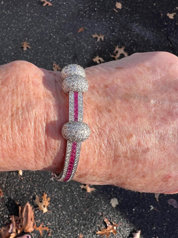 18k White Gold Diamond Ruby Bangle: Vintage Style - image 6