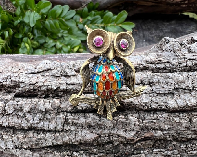 Gold Owl Brooch, Enamel Owl Brooch, Gold Bird Brooch, Owl Brooch, Gold Owl