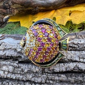 Gold Fish Pin, Sapphire Fish Pin, Diamond Fish Brooch, Tsavorite Fish, 18K Gold Fish Brooch