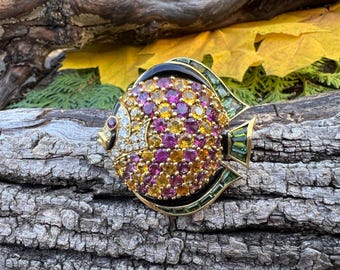 Gold Fish Pin, Sapphire Fish Pin, Diamond Fish Brooch, Tsavorite Fish, 18K Gold Fish Brooch