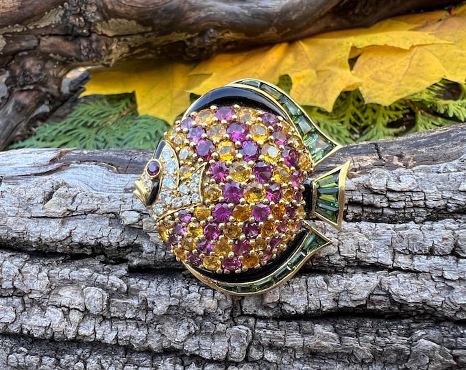 Gold Fish Pin, Sapphire Fish Pin, Diamond Fish Brooch, Tsavorite Fish, 18K Gold Fish Brooch