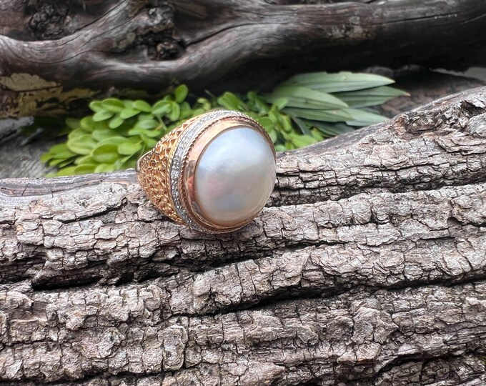 14k Gold Mabe Pearl Ring: Diamond Cocktail Ring, Size 8