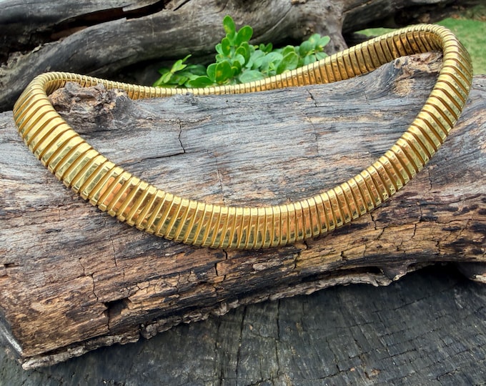 18k Yellow Gold Wide Snake Chain Choker, Vintage Tubogas Necklace