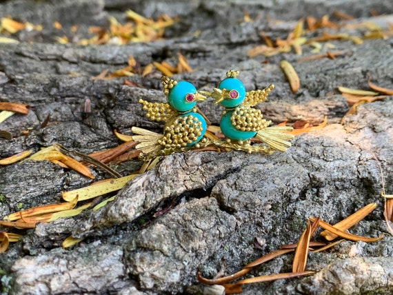 Lovebirds Brooch, Bird Brooch, Turquoise Bird Broo