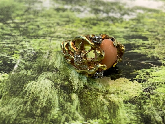 Coral Ring, Gold Coral Ring, Coral and Diamond Rin