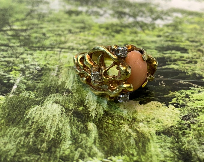 Coral Ring, Gold Coral Ring, Coral and Diamond Ring, Coral Cocktail Ring, Coral Ring
