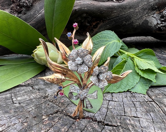 Diamond Flower Brooch, Flower Diamond Pin, Gold Floral Brooch, Diamond Flower Pin,