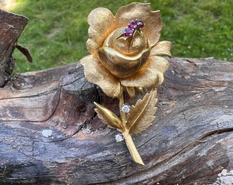 Gold Rose Brooch, Rose Pin, Ruby Rose Pin, Diamond Flower Pin