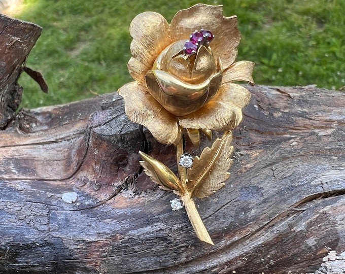 Gold Rose Brooch, Rose Pin, Ruby Rose Pin, Diamond Flower Pin
