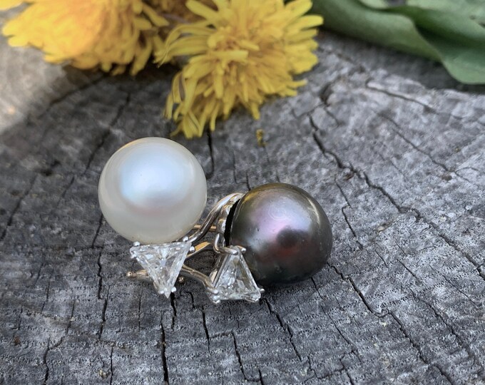 Diamond and South Sea Pearl Earring, Pearl Stud Earring, Black Tahitian Pearl Earring