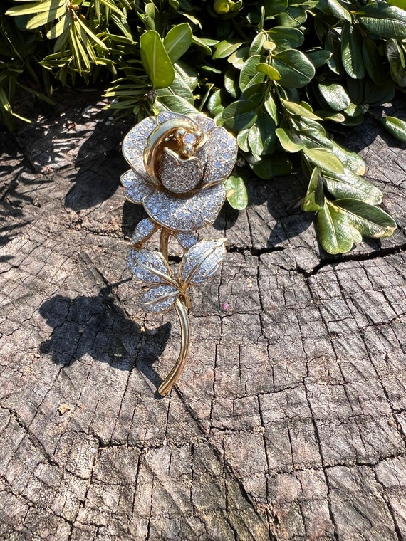 Diamond Flower Brooch, Diamond Rose Pin, Gold Flo… - image 6
