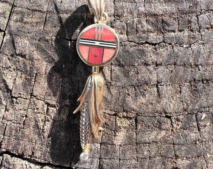 14k Yellow Gold Ray Tracey Multi Stone Inlay Corn and  Sunface Pendant - Navajo Jewelry