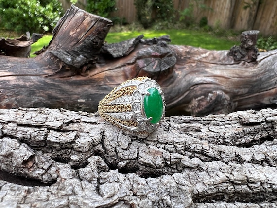 Jade Dome Ring, Jade and Diamond Ring, Jade Cockt… - image 1