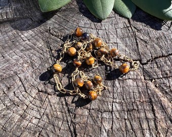18k Gold Tigers Eye Chain Necklace - 1980s Vintage