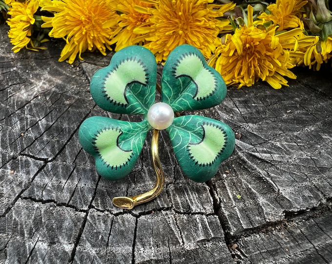 Four Leaf Clover Brooch, Pearl Four Leaf Clover, Enamel Clover, Clover Brooch