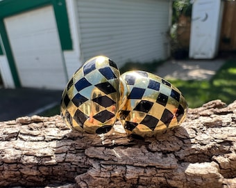 Onyx and Gold Earrings, Onyx Button Earrings