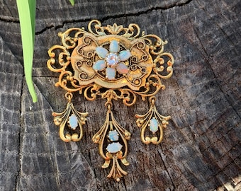 Opal Lavalier, Opal Pendant, Opal and Diamond Brooch, October Birthstone