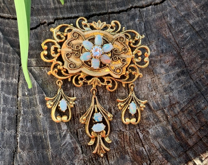 Opal Lavalier, Opal Pendant, Opal and Diamond Brooch, October Birthstone