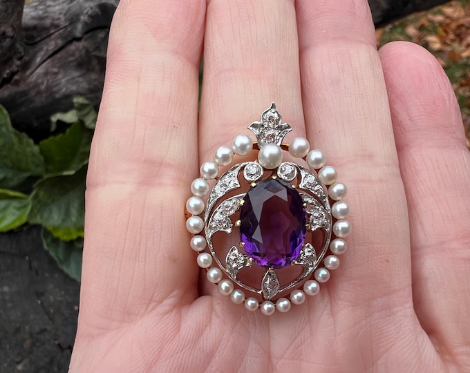 Edwardian Amethyst, Diamond and Pearl Pin, Amethyst Pendant,  February Birthstone