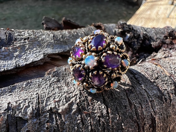 Amethyst Cluster Ring, Opal Cluster Ring, Amethys… - image 2