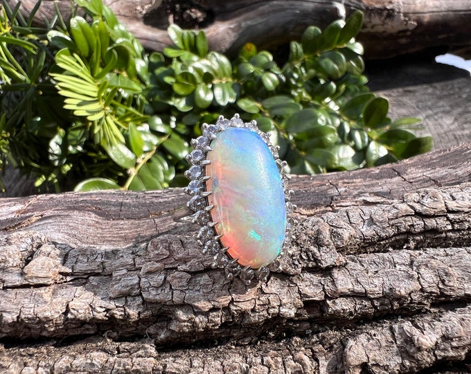 Opal and Diamond Ring, Vintage Opal Ring, Large Opal Ring