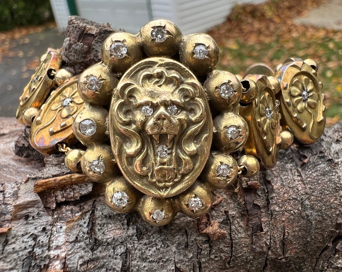 Victorian Bracelet, Lion Bracelet, Daisy Bracelet, Antique Lion Bracelet, Flower Bracelet,  Animal Jewelry