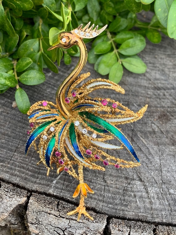 Ostrich Brooch, Bird Brooch, Gold Ostrich Pin, Ena