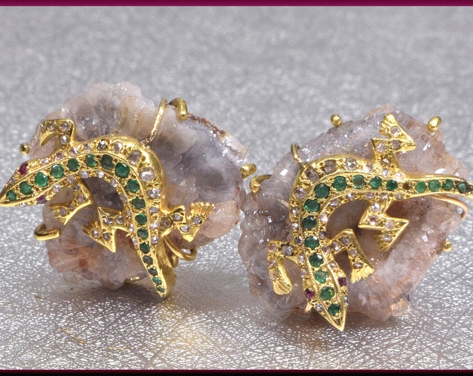 Lizard Cufflinks, Gecko Cufflinks, Gold Cufflinks, Emerald Cufflinks Wedding Cufflinks Druzy Quartz Grooms Gift for Him Anniversary Gift