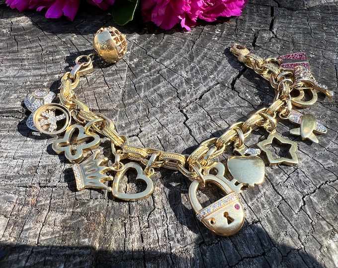 Yellow Gold Charm Bracelet,  Vintage Charm Bracelet