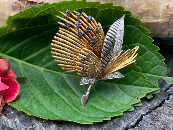 Diamond Flower Brooch, Sapphire Flower, Gold Flow… - image 1