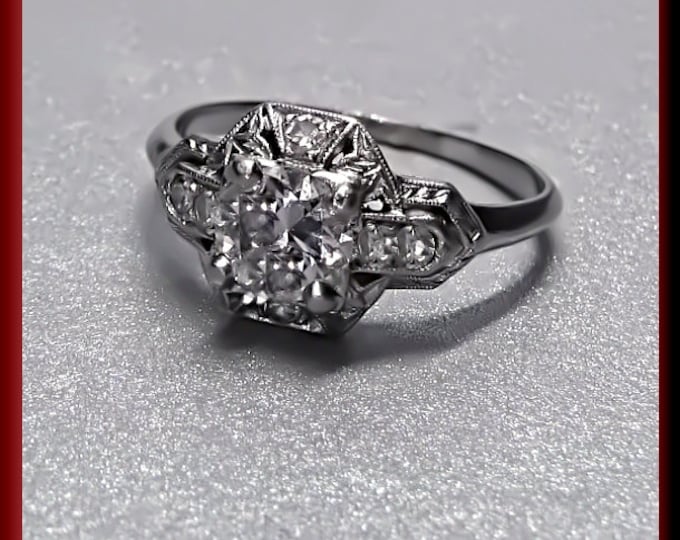 Vintage Diamond Engagement Ring Art Deco Diamond Engagement Ring with Old European Cut Diamond Platinum Wedding Ring - ER 373S