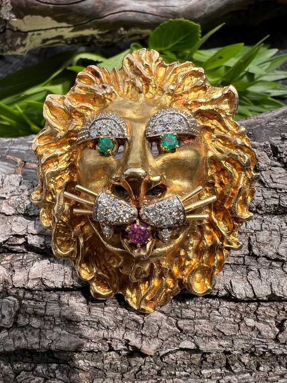 Gold Lion Brooch, Diamond Lion Pin, Diamond Lion B