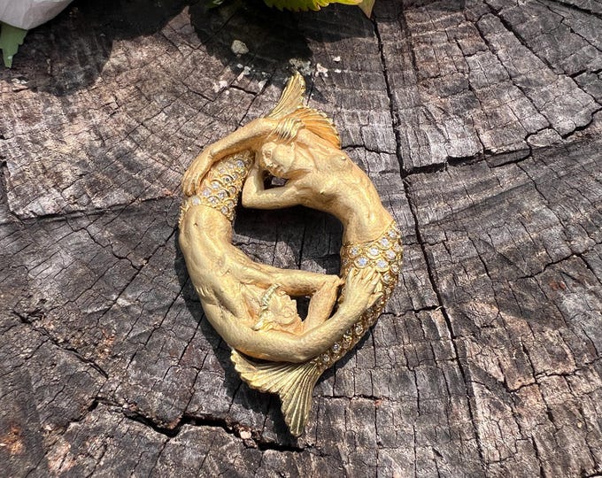 Gold Mermaid Pendant, Large Mermaid Pendant, Diamond Mermaid Pendant