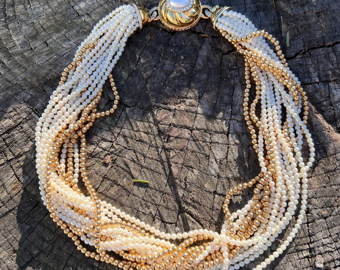 Gold Pearl Choker, Diamond and Pearl Pendant, Pearl Pendant, Diamond and Pearl Necklace